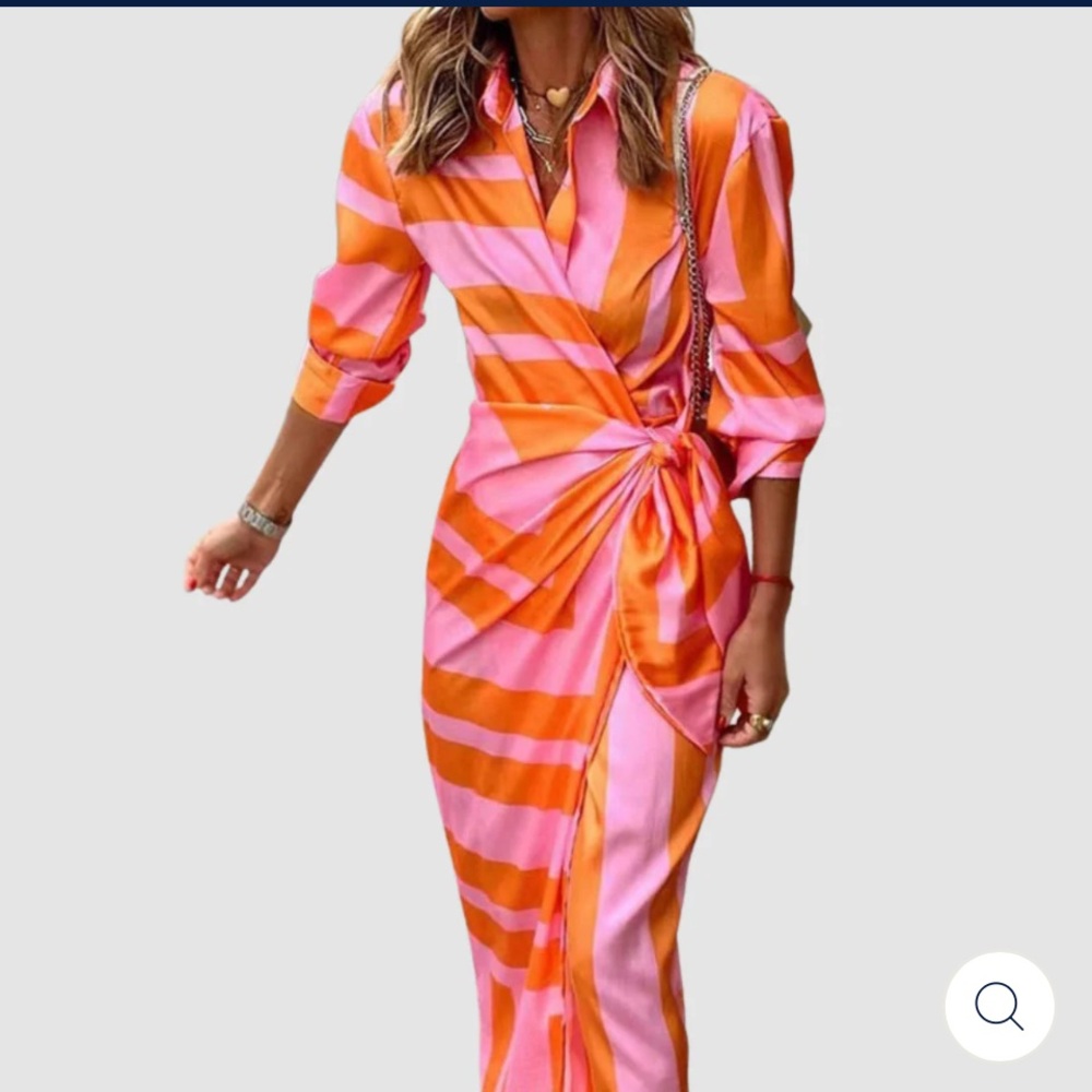 Elegant Pink and Orange Striped Long Sleeve Dress